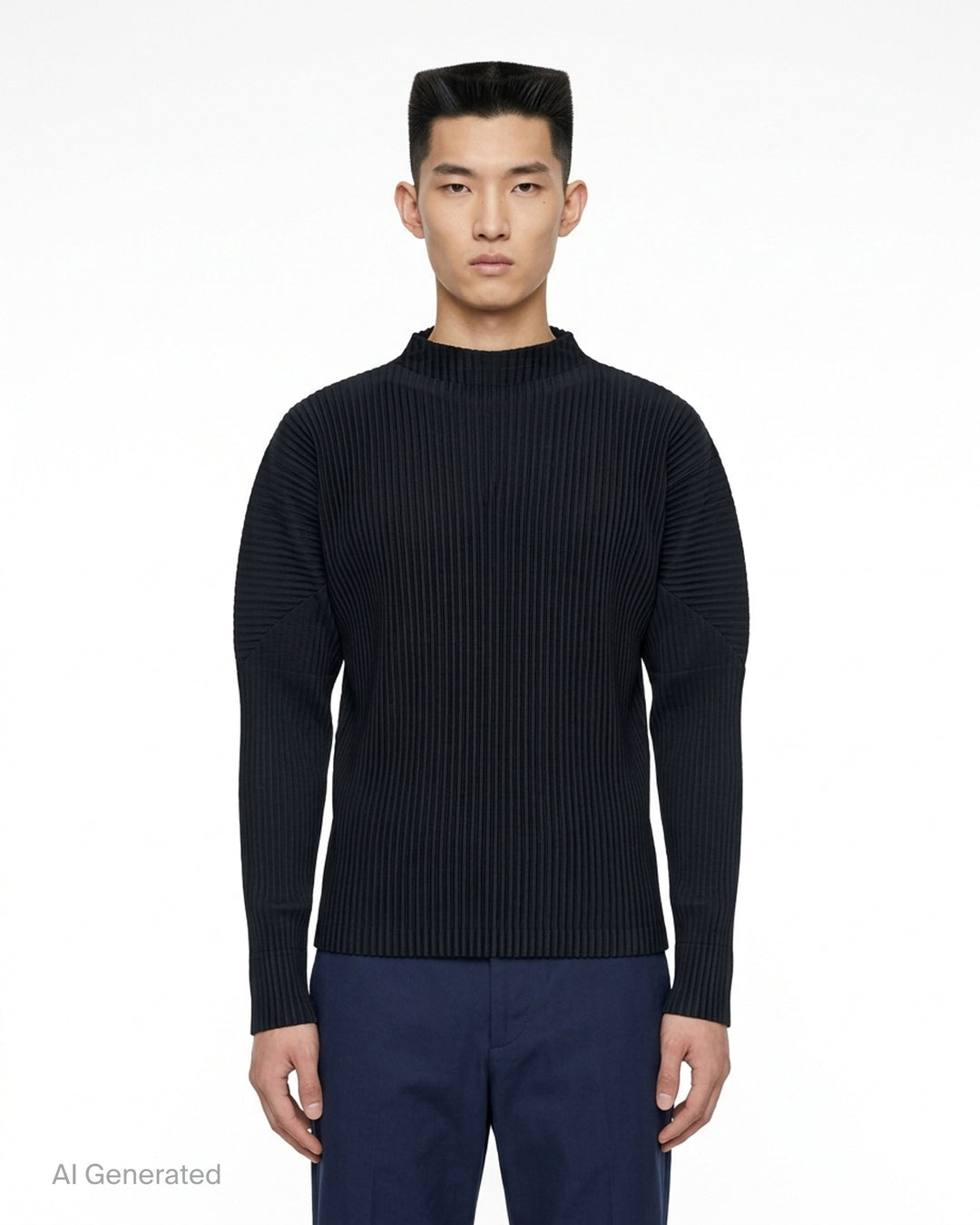 Homme Plissé Issey Miyake Monthly Colors October pleated long-sleeve top with mock neckline, shown from the front - front