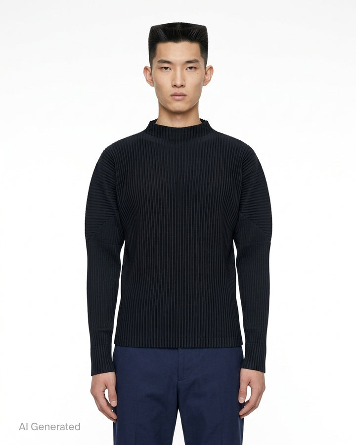 Homme Plissé Issey Miyake Monthly Colors October pleated long-sleeve top with mock neckline, shown from the front - front
