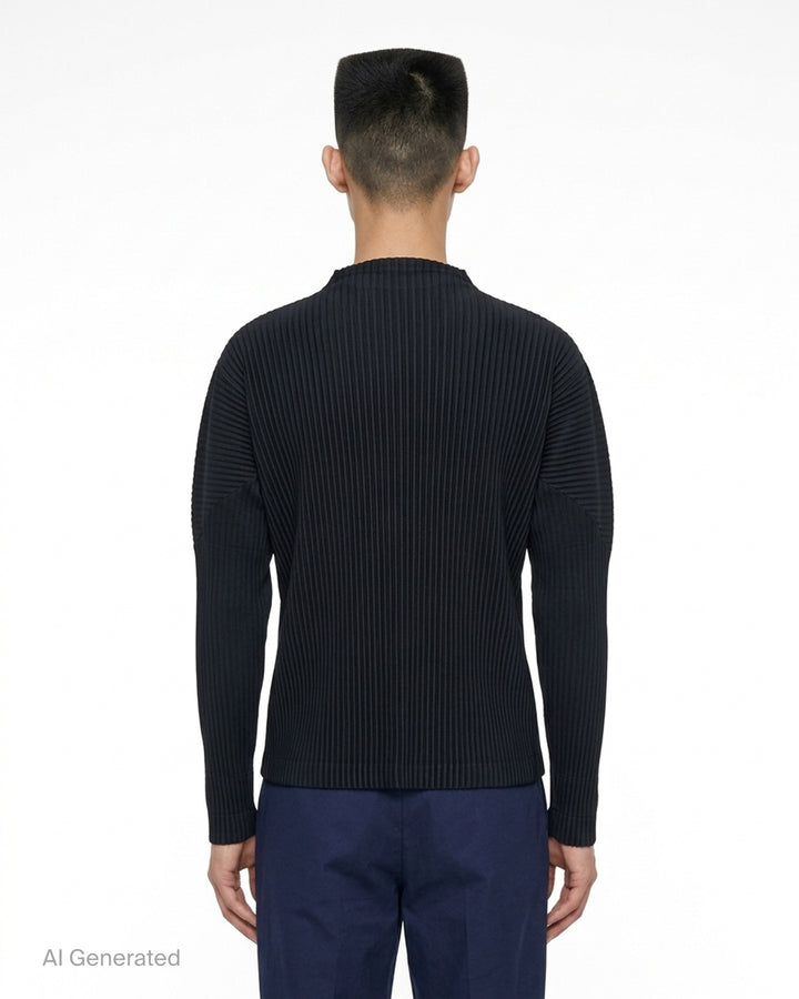 Homme Plissé Issey Miyake Monthly Colors October pleated long-sleeve top with mock neckline, shown from the front - back