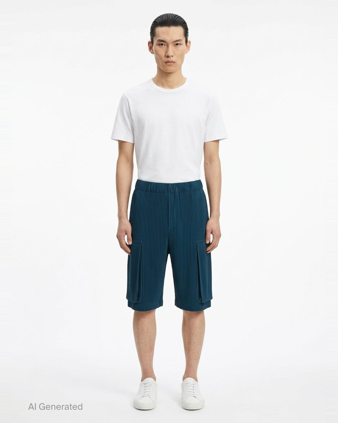 Homme Plissé Issey Miyake Monthly Colors September black pleated cargo shorts with elastic waistband, patch pockets, and layered hem detail - front