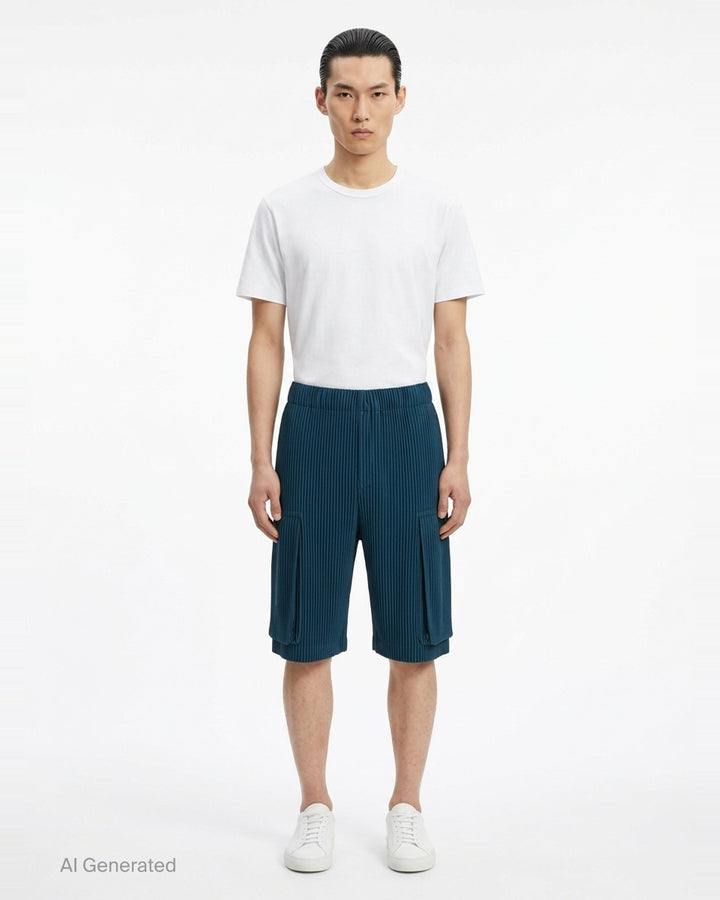 Homme Plissé Issey Miyake Monthly Colors September black pleated cargo shorts with elastic waistband, patch pockets, and layered hem detail - front