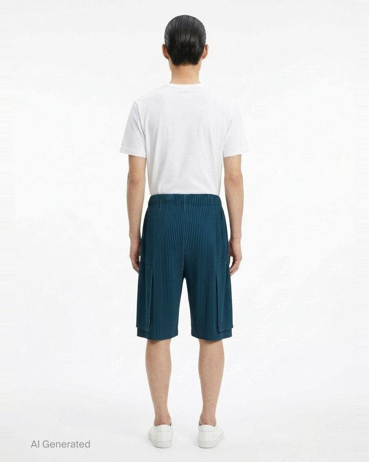 Homme Plissé Issey Miyake Monthly Colors September black pleated cargo shorts with elastic waistband, patch pockets, and layered hem detail - back