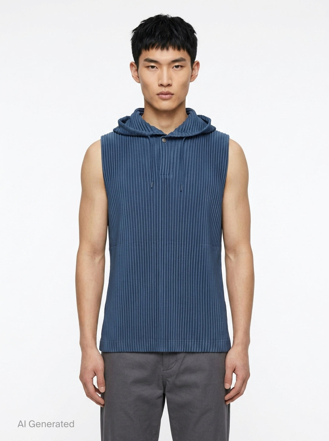 Homme Plissé Issey Miyake Monthly Colors September sleeveless pleated hoodie top in deep ocean blue with drawstring hood and snap-button closure - front