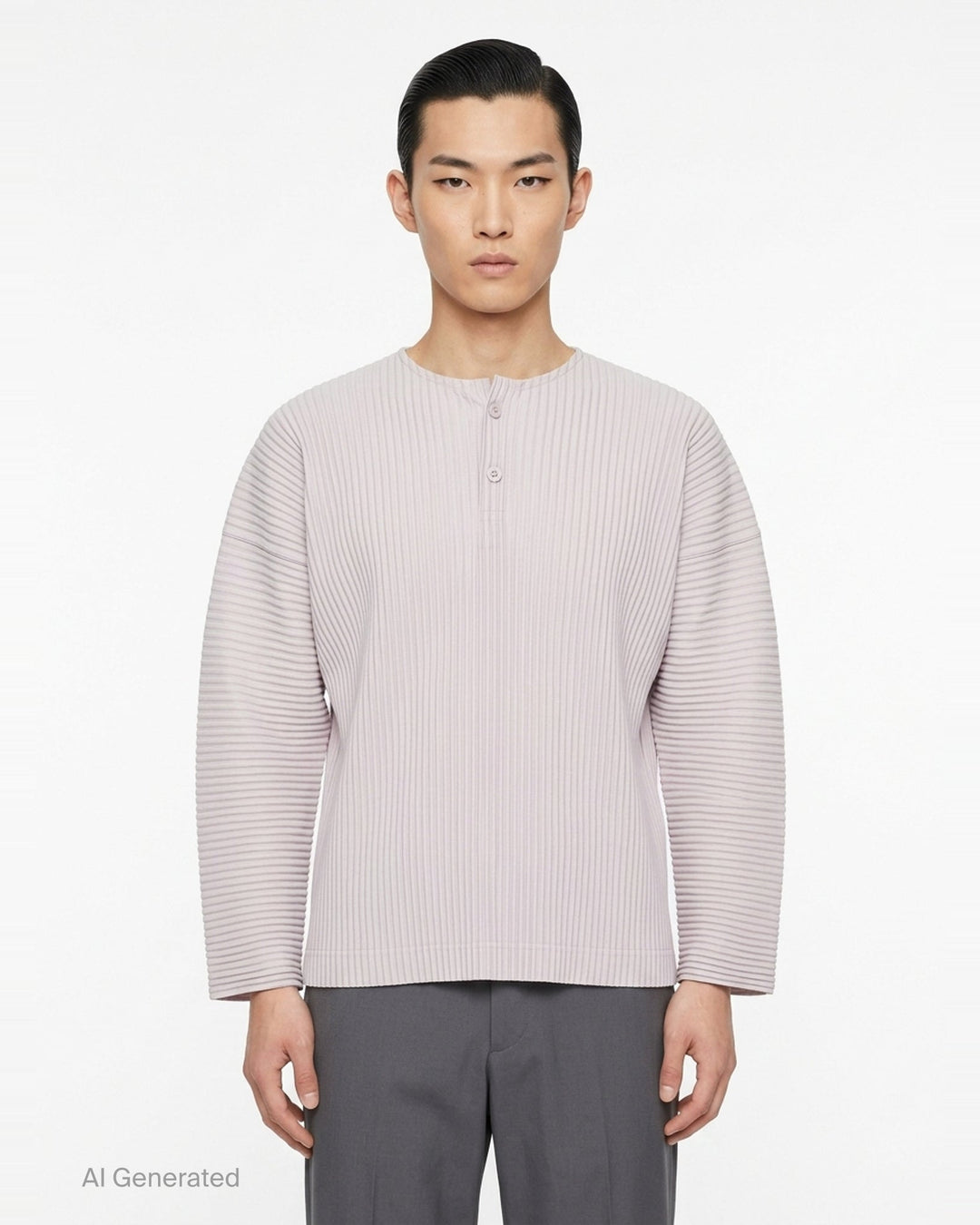 Homme Plissé Issey Miyake Monthly Colors September long-sleeve pleated top in black, featuring all-over accordion pleating and a tonal Henley button neckline - front