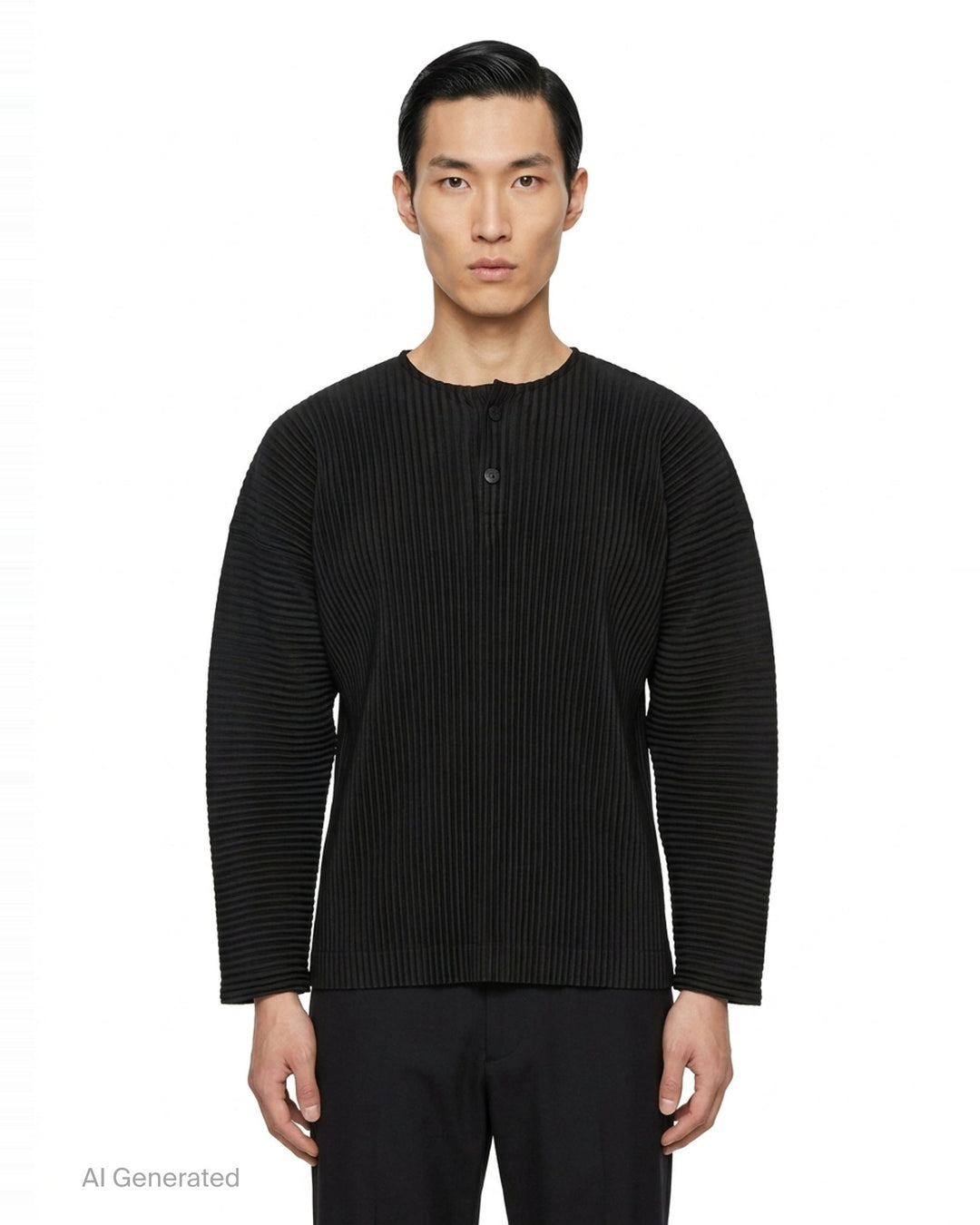 Homme Plissé Issey Miyake Monthly Colors September long-sleeve pleated top in black, featuring all-over accordion pleating and a tonal Henley button neckline - front