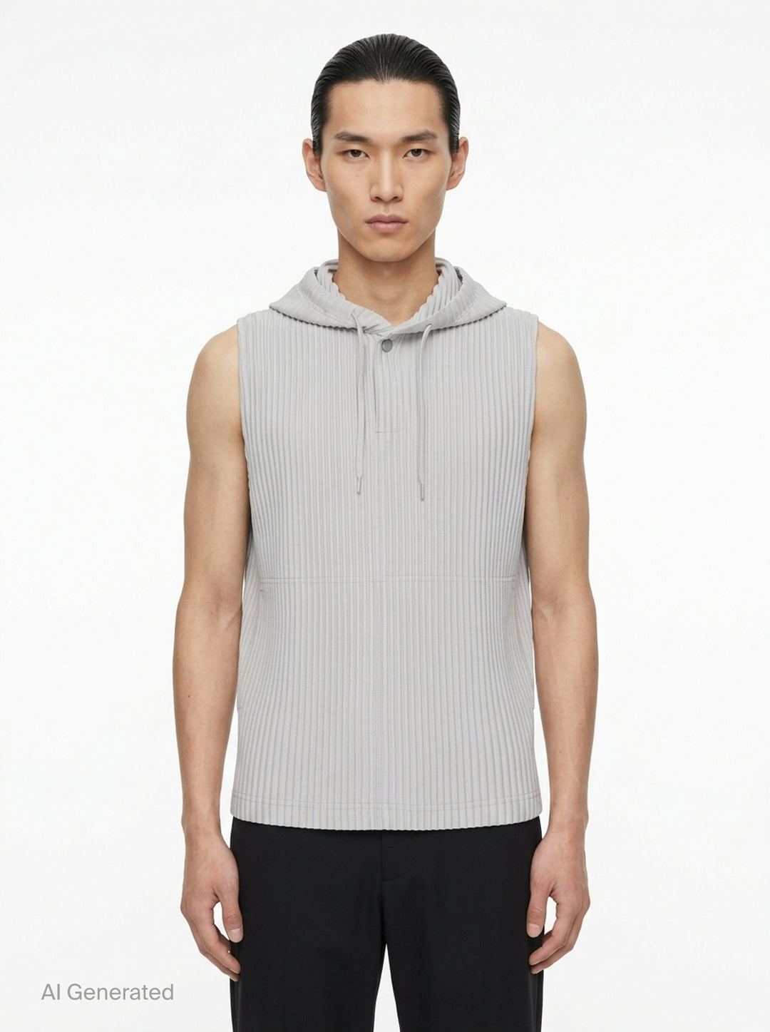 Homme Plissé Issey Miyake Monthly Colors September sleeveless pleated hoodie top in deep ocean blue with drawstring hood and snap-button closure - front