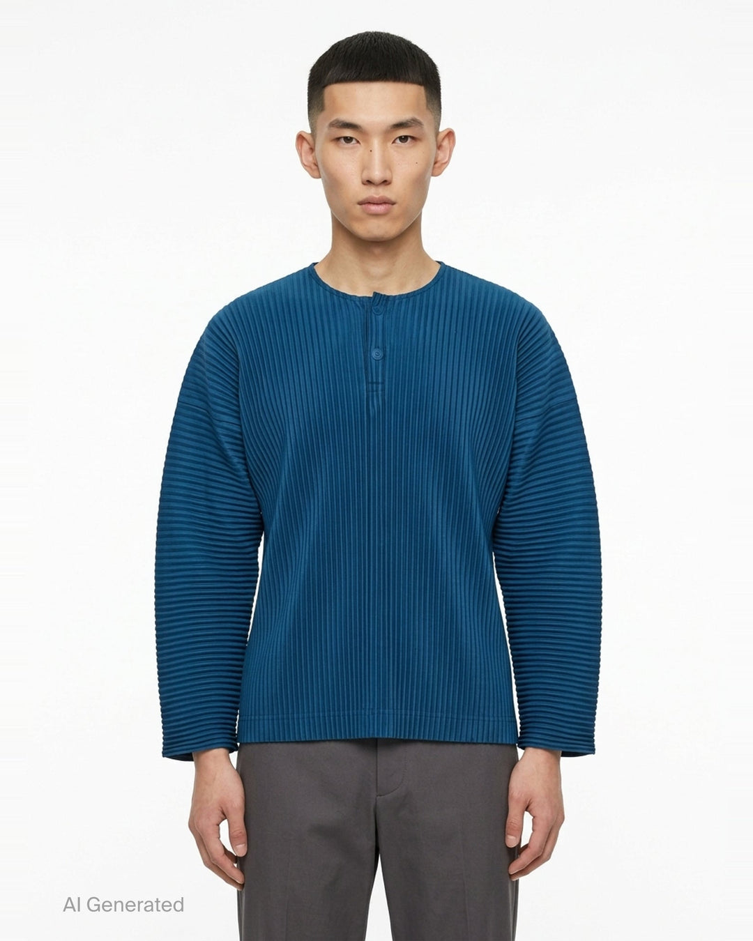 Homme Plissé Issey Miyake Monthly Colors September long-sleeve pleated top in black, featuring all-over accordion pleating and a tonal Henley button neckline - front