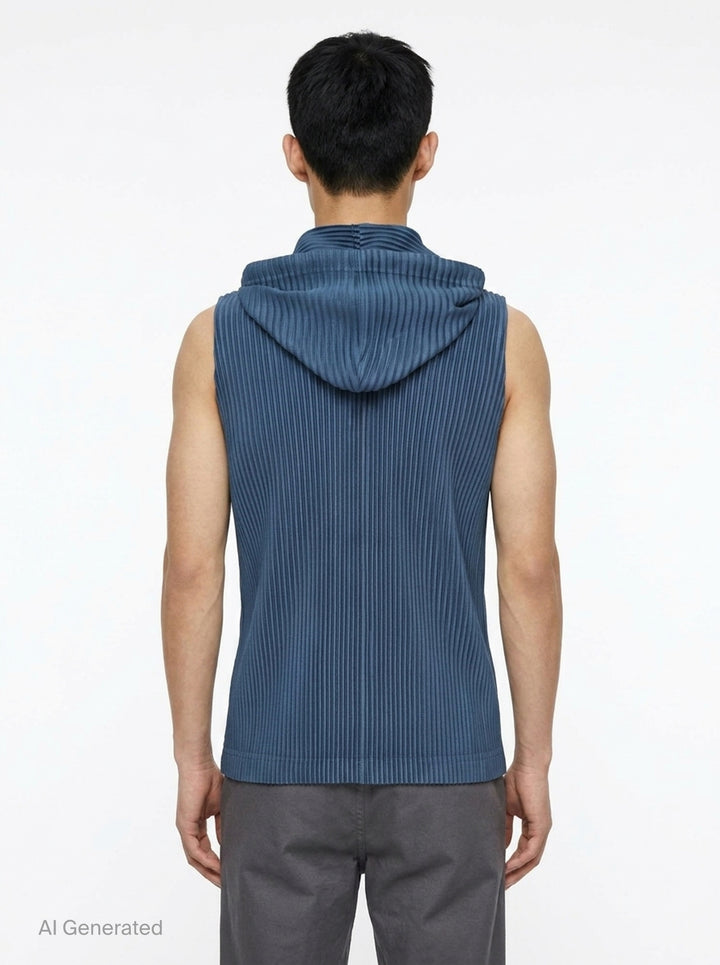 Homme Plissé Issey Miyake Monthly Colors September sleeveless pleated hoodie top in deep ocean blue with drawstring hood and snap-button closure - back