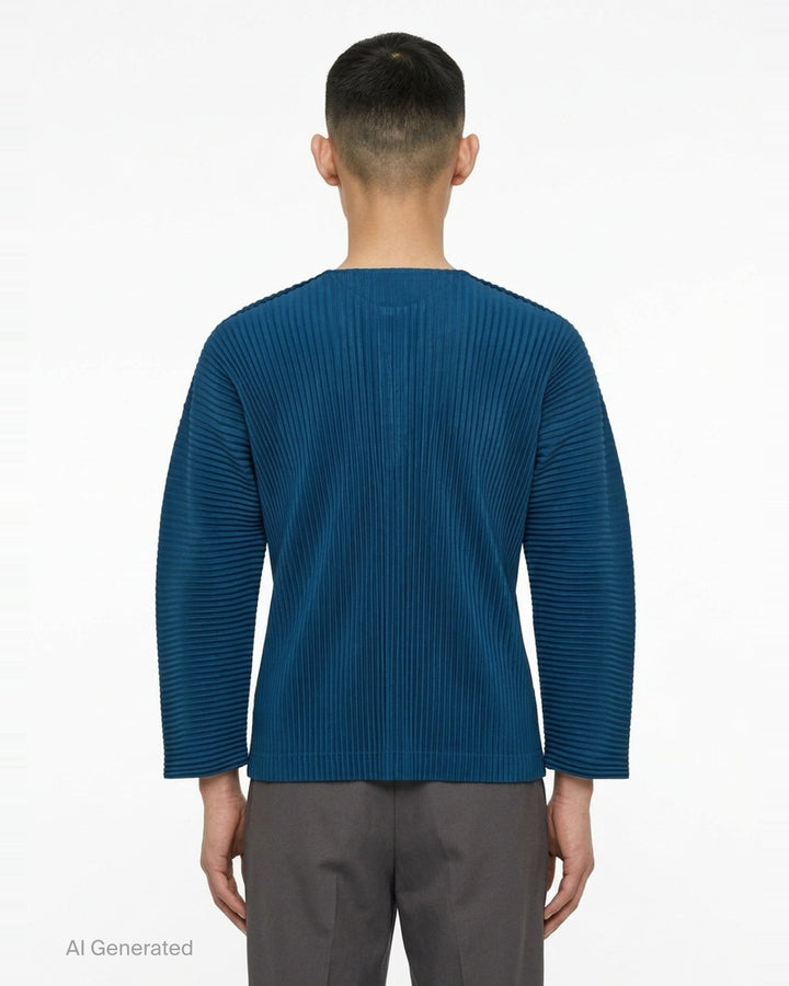 Homme Plissé Issey Miyake Monthly Colors September long-sleeve pleated top in black, featuring all-over accordion pleating and a tonal Henley button neckline - back