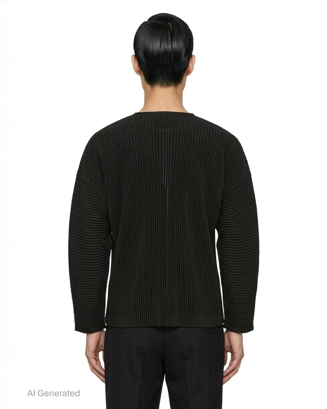 Homme Plissé Issey Miyake Monthly Colors September long-sleeve pleated top in black, featuring all-over accordion pleating and a tonal Henley button neckline - back