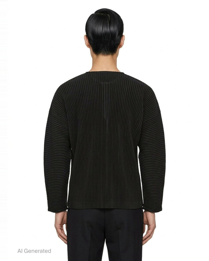 Homme Plissé Issey Miyake Monthly Colors September long-sleeve pleated top in black, featuring all-over accordion pleating and a tonal Henley button neckline - back