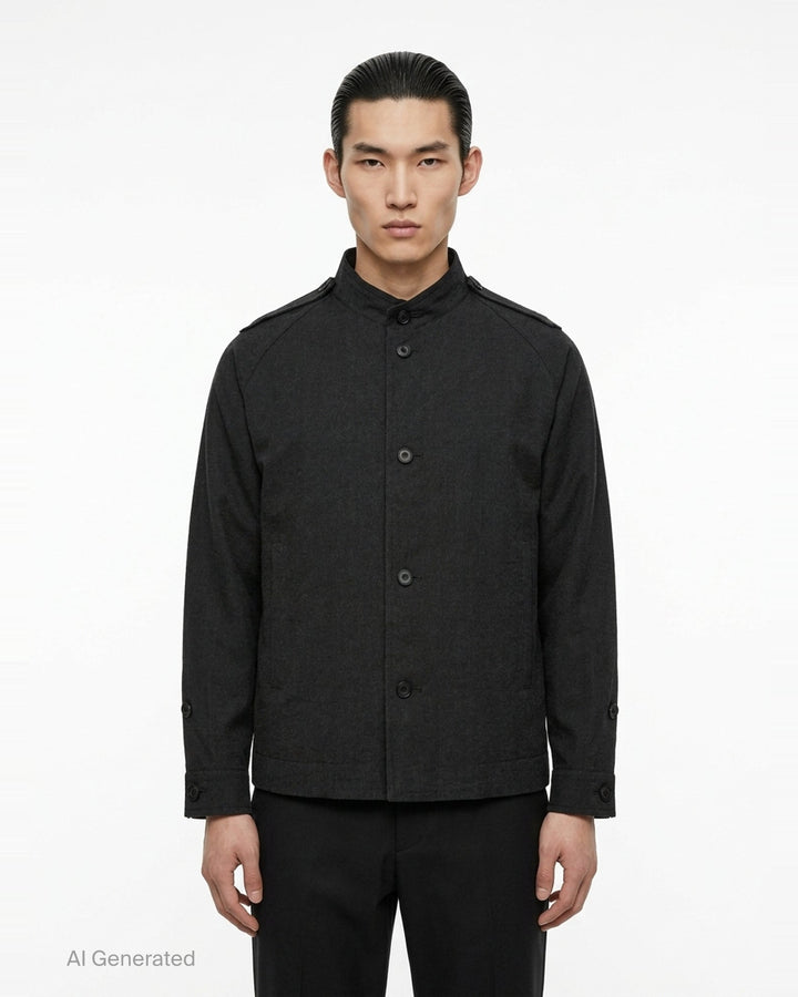 Homme Plissé Issey Miyake Opacity Blouson in black, featuring a mandarin collar, tonal button-front closure, epaulette shoulder detailing, and button tab cuffs - front