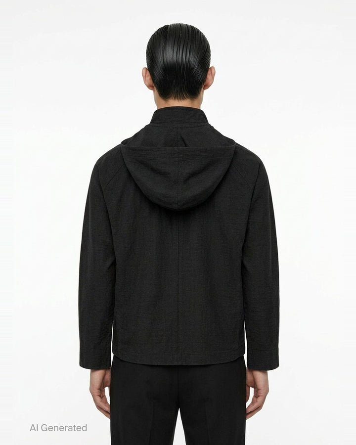 Homme Plissé Issey Miyake Opacity Blouson in black, featuring a mandarin collar, tonal button-front closure, epaulette shoulder detailing, and button tab cuffs - back