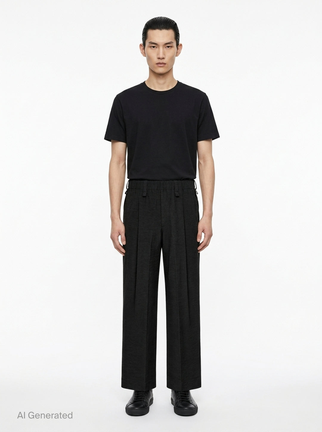 Homme Plissé Issey Miyake Opacity Woven Pants in black, flat lay showing wide-leg silhouette with front creases and elasticated drawstring waistband - front
