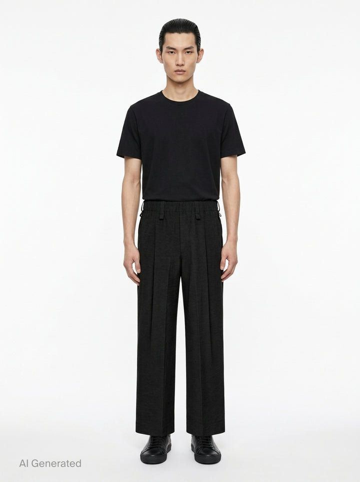 Homme Plissé Issey Miyake Opacity Woven Pants in black, flat lay showing wide-leg silhouette with front creases and elasticated drawstring waistband - front