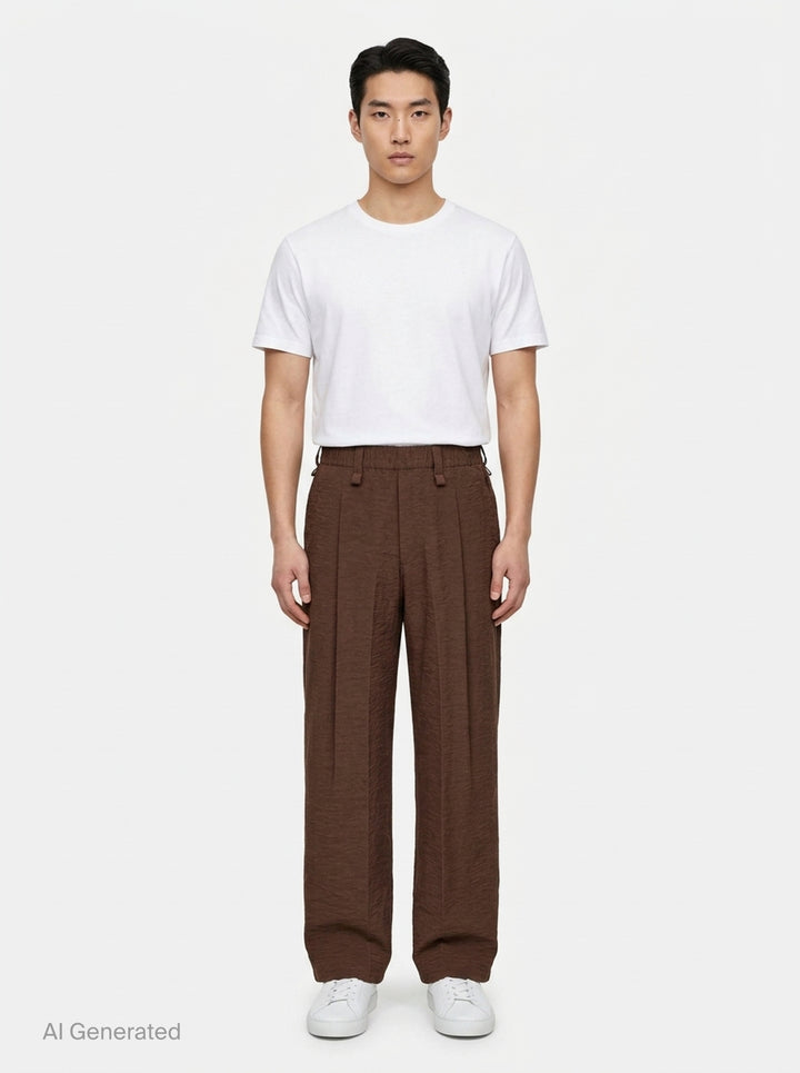 Homme Plissé Issey Miyake Opacity Woven Pants in black, flat lay showing wide-leg silhouette with front creases and elasticated drawstring waistband - front