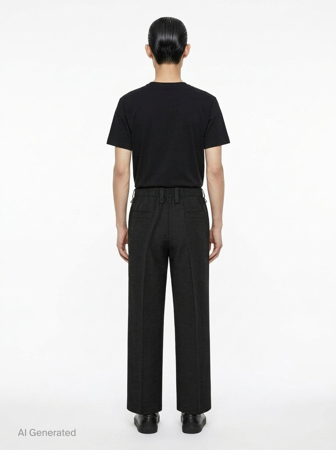 Homme Plissé Issey Miyake Opacity Woven Pants in black, flat lay showing wide-leg silhouette with front creases and elasticated drawstring waistband - back
