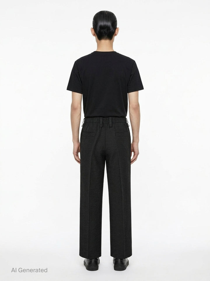 Homme Plissé Issey Miyake Opacity Woven Pants in black, flat lay showing wide-leg silhouette with front creases and elasticated drawstring waistband - back