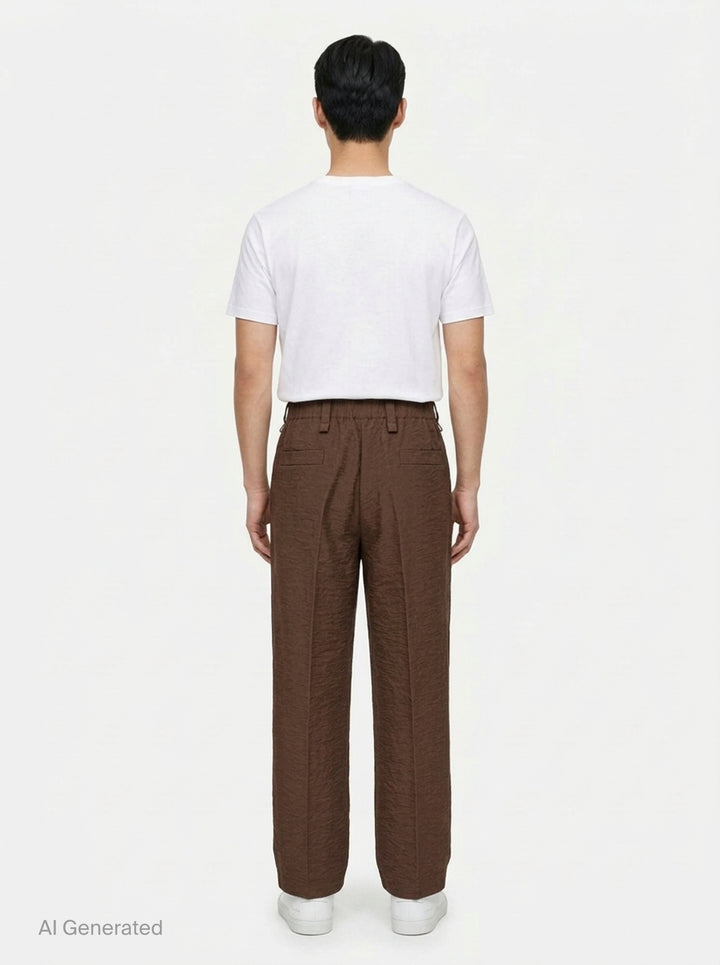 Homme Plissé Issey Miyake Opacity Woven Pants in black, flat lay showing wide-leg silhouette with front creases and elasticated drawstring waistband - back