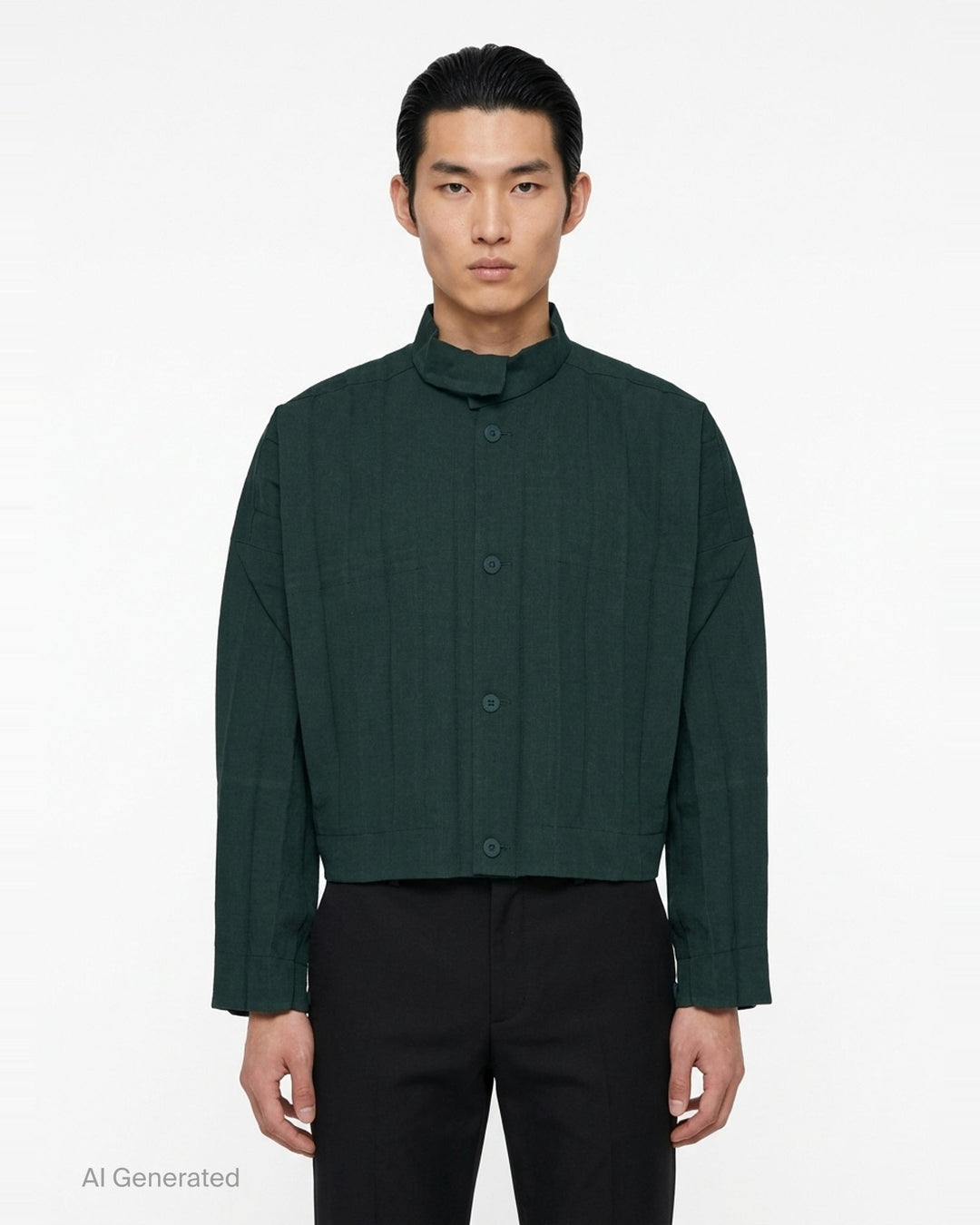 Homme Plissé Issey Miyake Edge Ensemble Pleated Blouson in deep forest green, featuring a stand collar, tonal button front, patch chest pockets, and micro-pleated fabric throughout - front