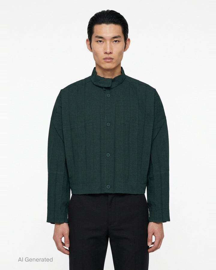 Homme Plissé Issey Miyake Edge Ensemble Pleated Blouson in deep forest green, featuring a stand collar, tonal button front, patch chest pockets, and micro-pleated fabric throughout - front