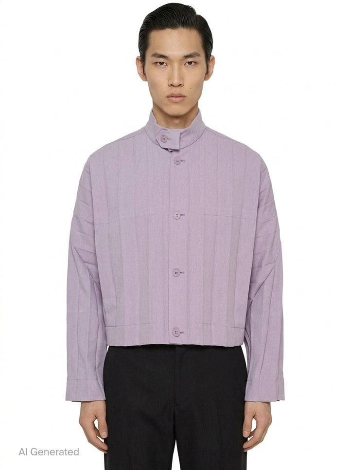 Homme Plissé Issey Miyake Edge Ensemble Pleated Blouson in deep forest green, featuring a stand collar, tonal button front, patch chest pockets, and micro-pleated fabric throughout - front