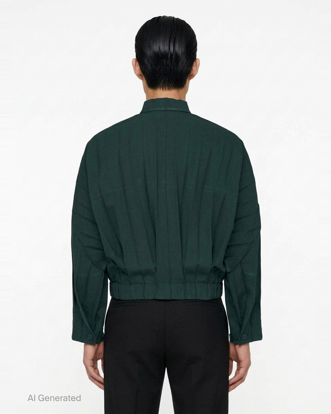 Homme Plissé Issey Miyake Edge Ensemble Pleated Blouson in deep forest green, featuring a stand collar, tonal button front, patch chest pockets, and micro-pleated fabric throughout - back