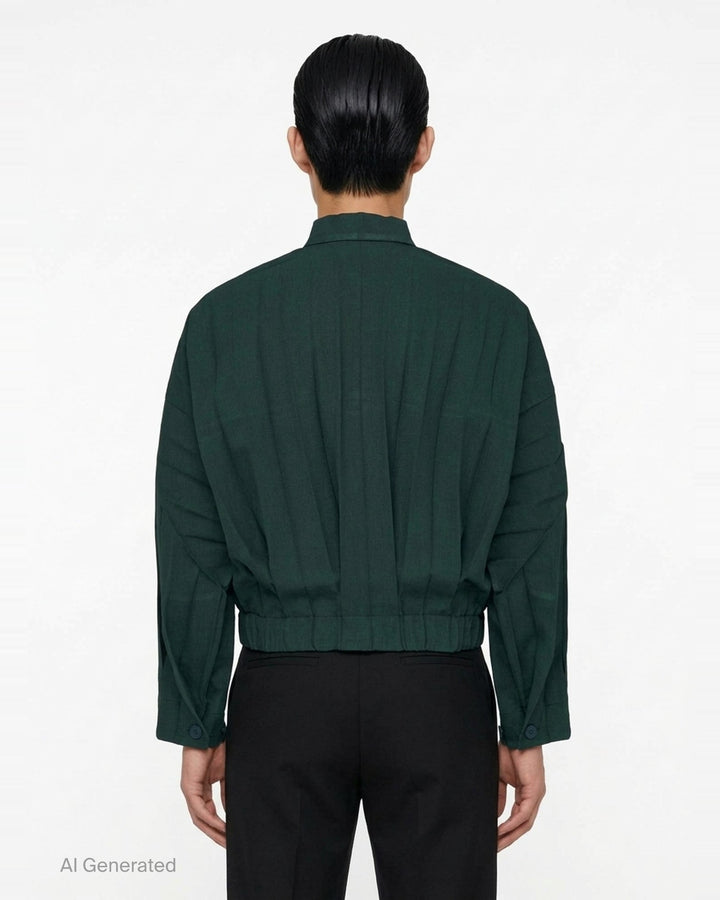 Homme Plissé Issey Miyake Edge Ensemble Pleated Blouson in deep forest green, featuring a stand collar, tonal button front, patch chest pockets, and micro-pleated fabric throughout - back