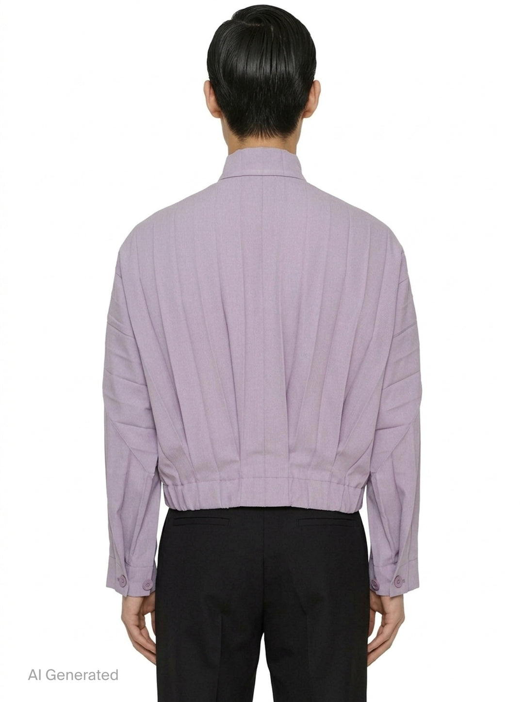 Homme Plissé Issey Miyake Edge Ensemble Pleated Blouson in deep forest green, featuring a stand collar, tonal button front, patch chest pockets, and micro-pleated fabric throughout - back