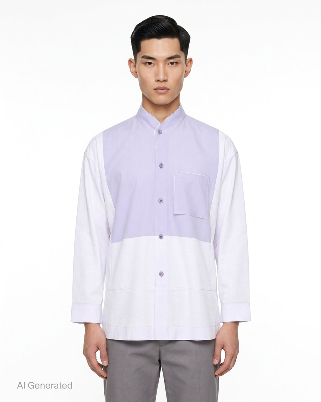 Homme Plissé Issey Miyake Press long sleeve shirt in two-tone brown and dark olive colour-block with band collar, button front and chest pocket - front