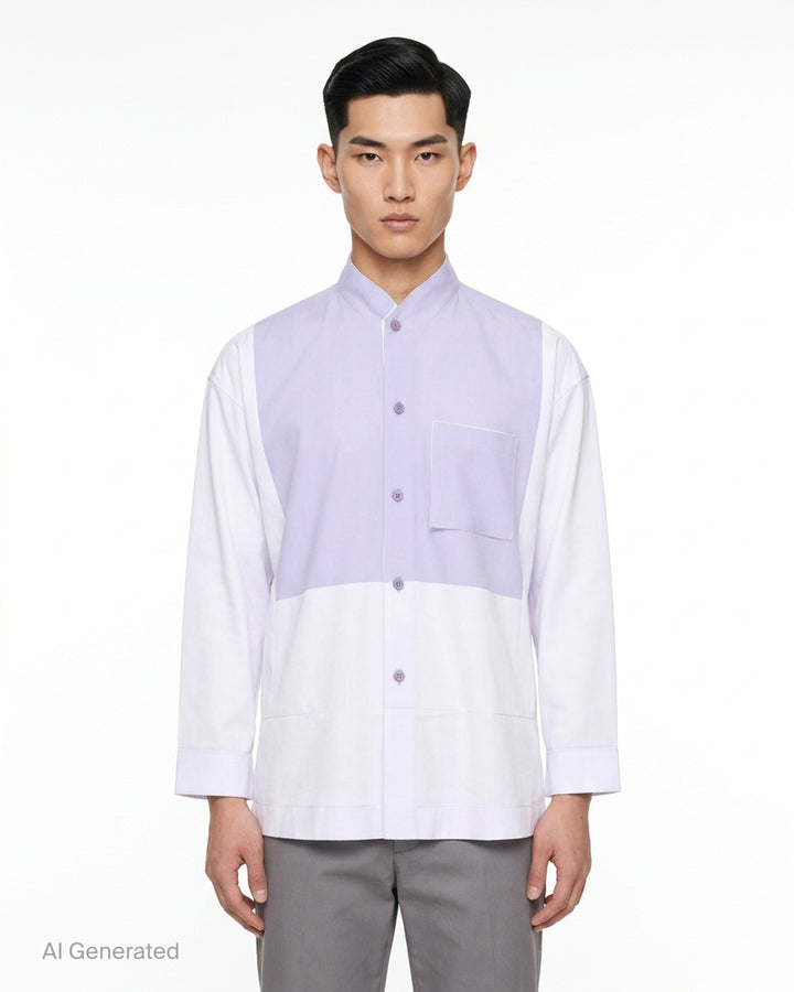 Homme Plissé Issey Miyake Press long sleeve shirt in two-tone brown and dark olive colour-block with band collar, button front and chest pocket - front