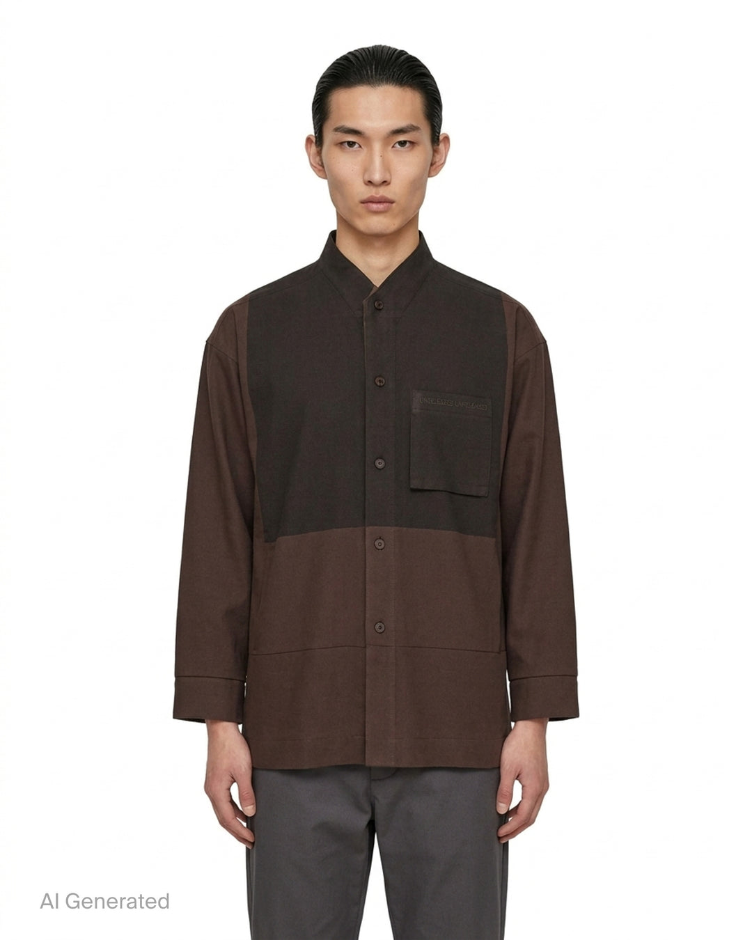 Homme Plissé Issey Miyake Press long sleeve shirt in two-tone brown and dark olive colour-block with band collar, button front and chest pocket - front