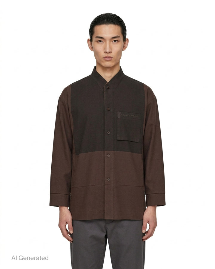 Homme Plissé Issey Miyake Press long sleeve shirt in two-tone brown and dark olive colour-block with band collar, button front and chest pocket - front