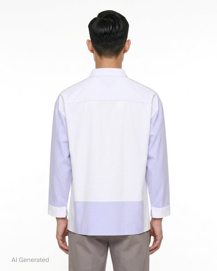 Homme Plissé Issey Miyake Press long sleeve shirt in two-tone brown and dark olive colour-block with band collar, button front and chest pocket - back