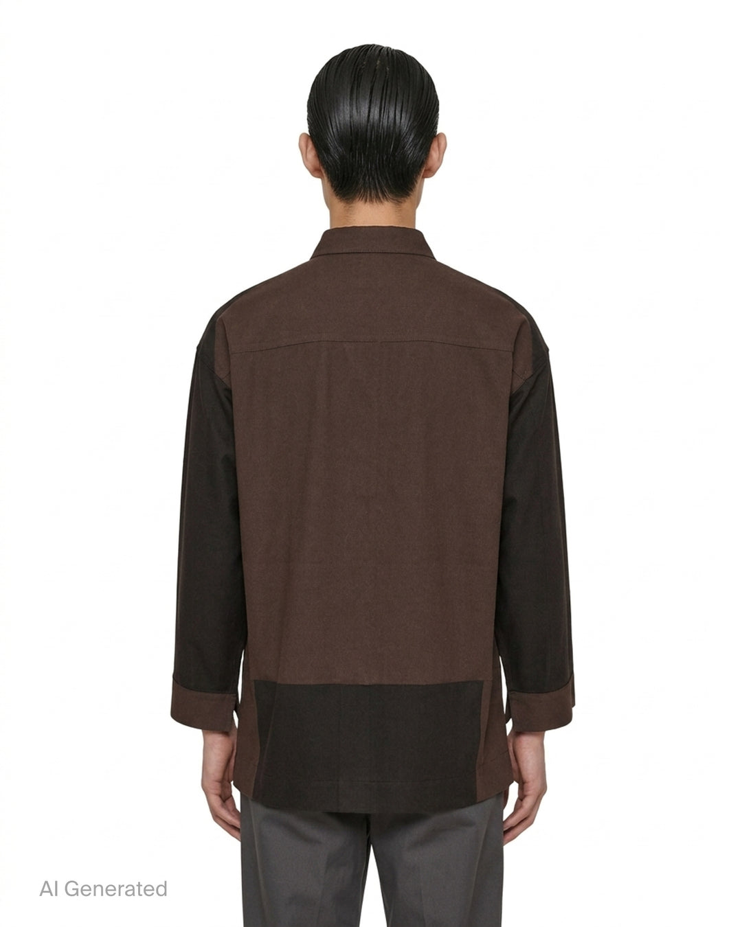 Homme Plissé Issey Miyake Press long sleeve shirt in two-tone brown and dark olive colour-block with band collar, button front and chest pocket - back