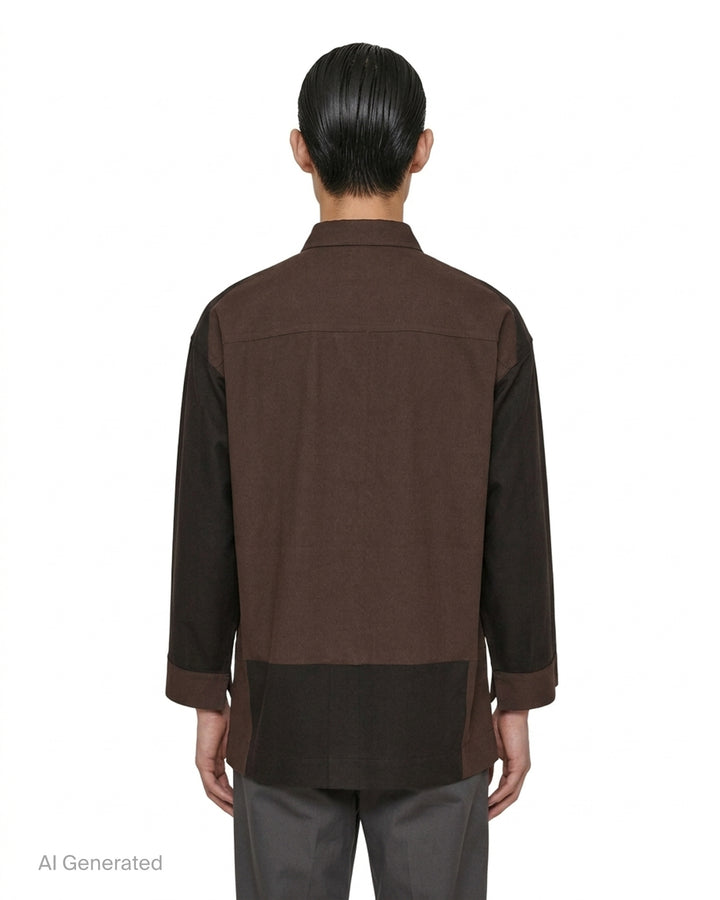 Homme Plissé Issey Miyake Press long sleeve shirt in two-tone brown and dark olive colour-block with band collar, button front and chest pocket - back