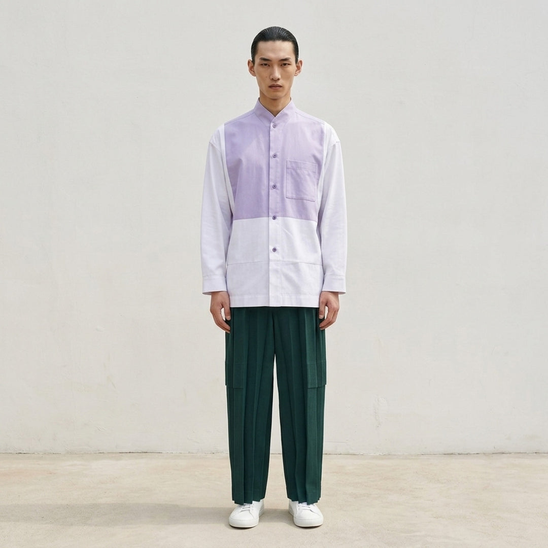 Homme Plissé Issey Miyake Press long sleeve shirt in two-tone brown and dark olive colour-block with band collar, button front and chest pocket - lifestyle