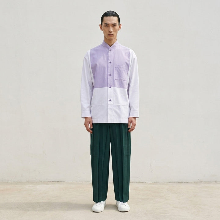 Homme Plissé Issey Miyake Press long sleeve shirt in two-tone brown and dark olive colour-block with band collar, button front and chest pocket - lifestyle