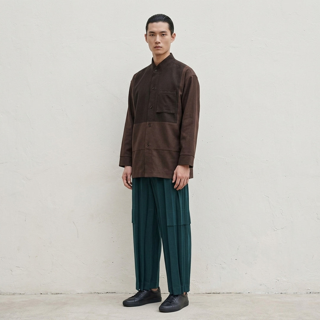 Homme Plissé Issey Miyake Press long sleeve shirt in two-tone brown and dark olive colour-block with band collar, button front and chest pocket - lifestyle