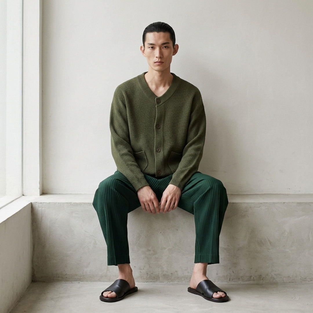 Homme Plissé Issey Miyake Rustic Knit Cardigan in charcoal, featuring a ribbed V-neckline, tonal button-through front, pebbled knit body, and two smooth-panel patch pockets at the hem - lifestyle