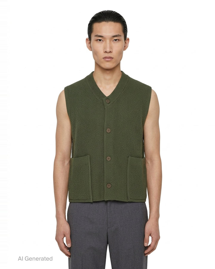 Homme Plissé Issey Miyake Rustic Knit Vest in charcoal, featuring a ribbed stand collar, four-button front closure, and patch hip pockets in a textured moss-stitch fabric - front