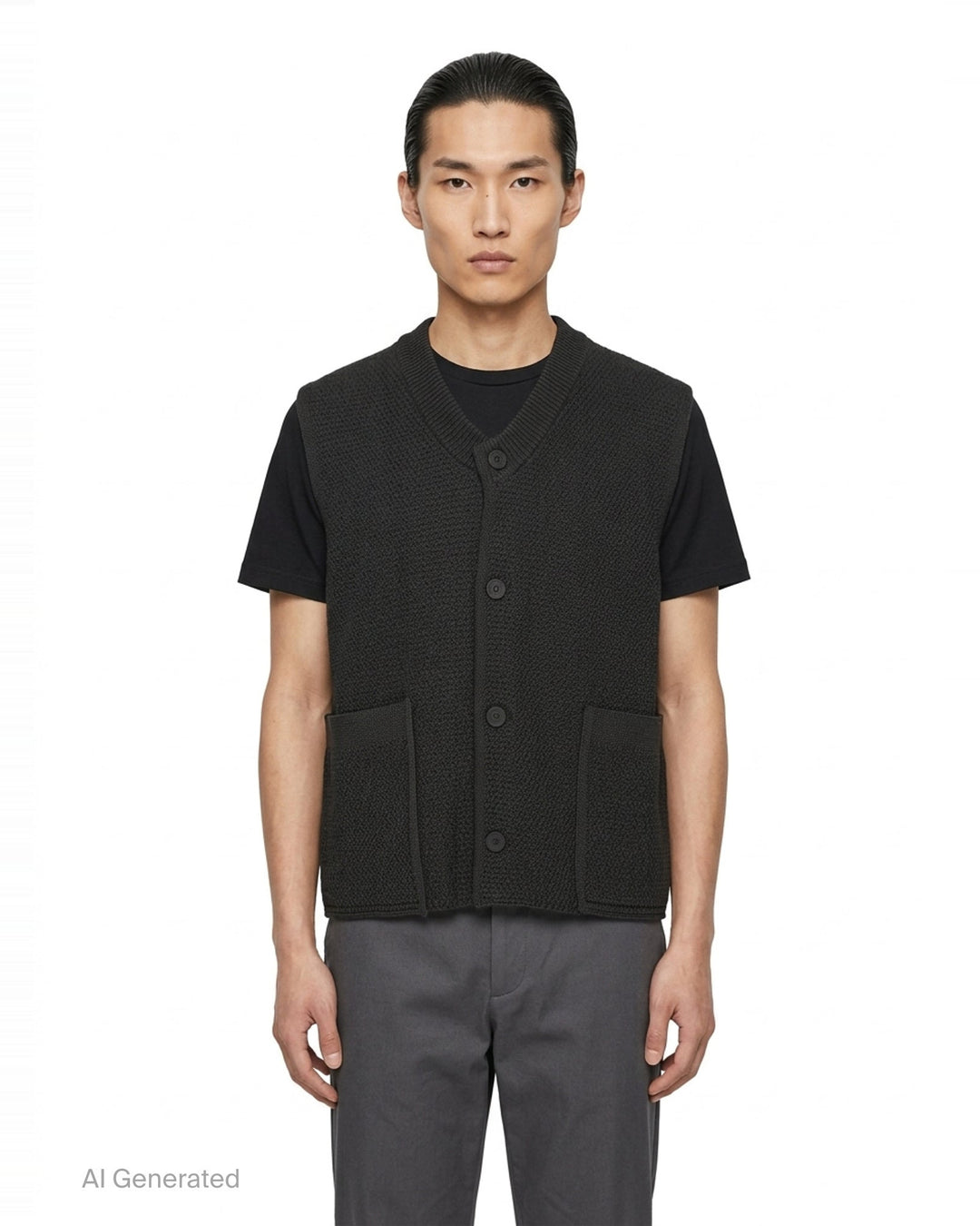 Homme Plissé Issey Miyake Rustic Knit Vest in charcoal, featuring a ribbed stand collar, four-button front closure, and patch hip pockets in a textured moss-stitch fabric - front