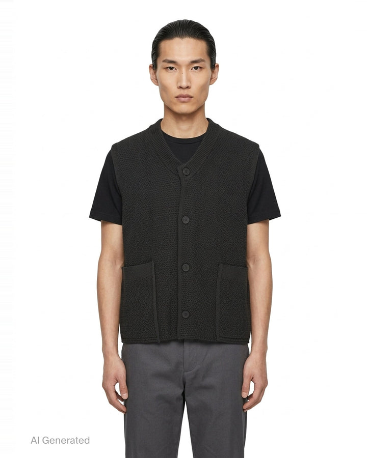 Homme Plissé Issey Miyake Rustic Knit Vest in charcoal, featuring a ribbed stand collar, four-button front closure, and patch hip pockets in a textured moss-stitch fabric - front