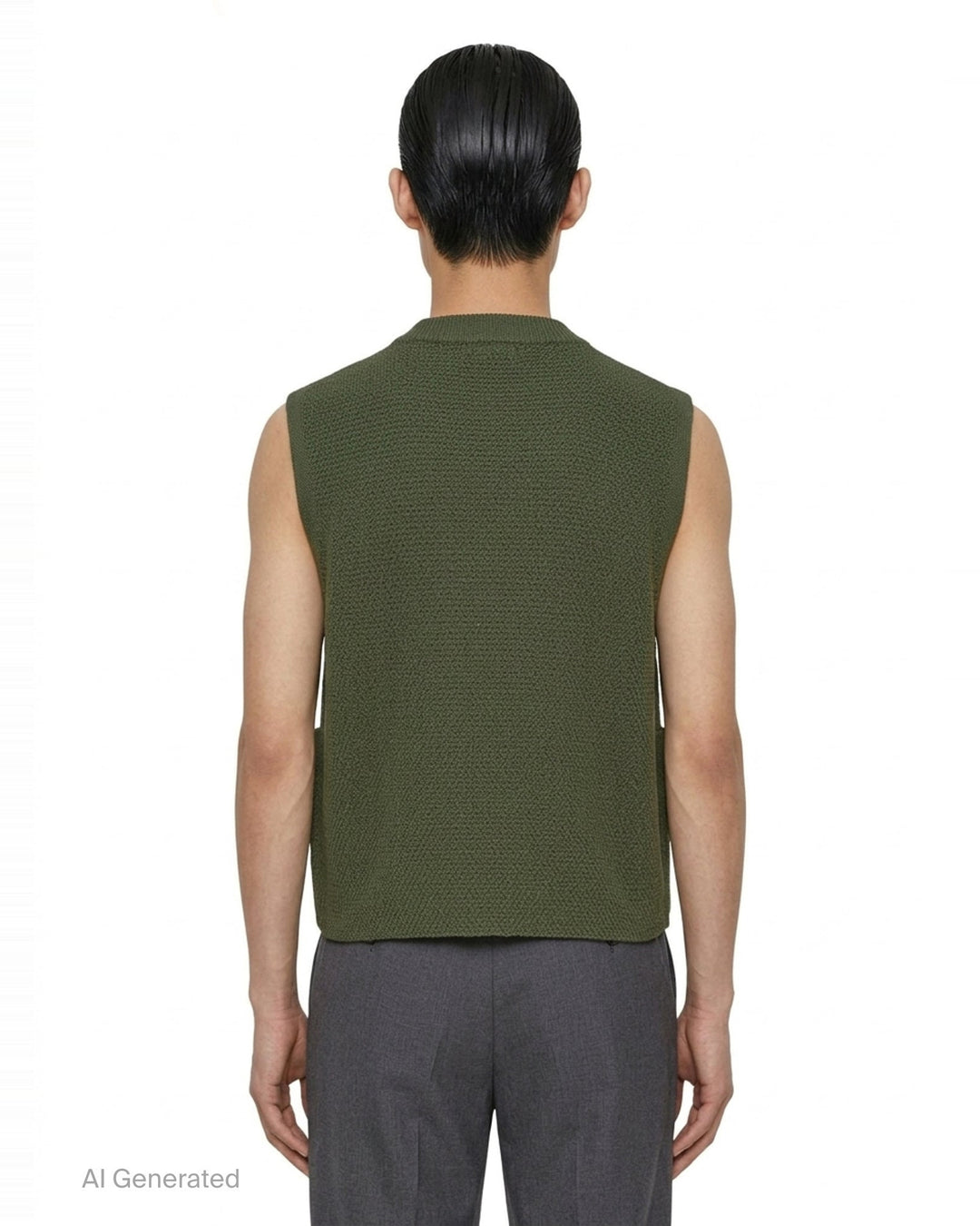 Homme Plissé Issey Miyake Rustic Knit Vest in charcoal, featuring a ribbed stand collar, four-button front closure, and patch hip pockets in a textured moss-stitch fabric - back