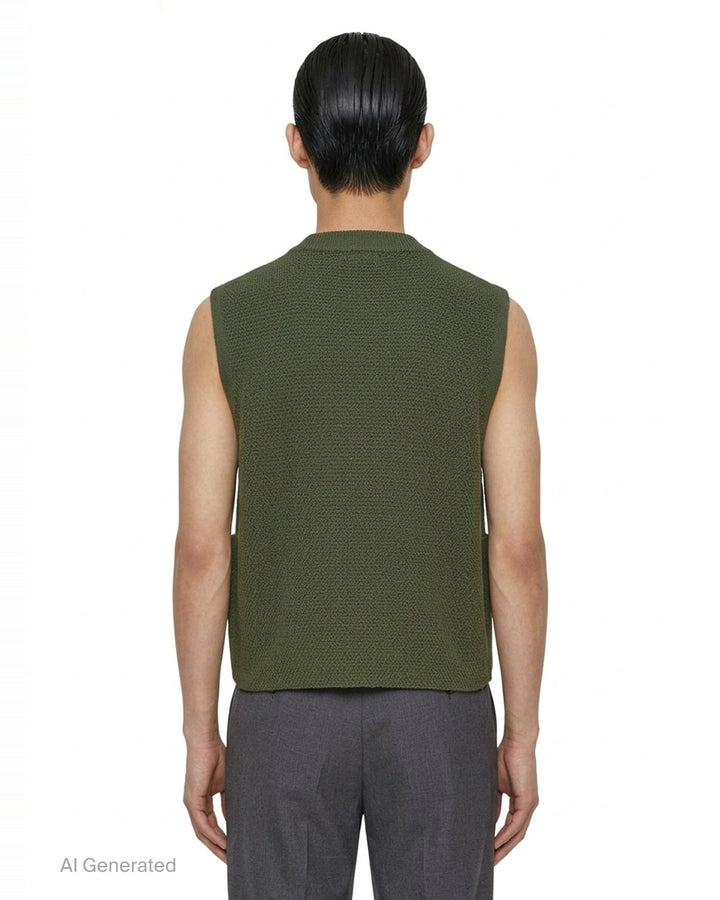 Homme Plissé Issey Miyake Rustic Knit Vest in charcoal, featuring a ribbed stand collar, four-button front closure, and patch hip pockets in a textured moss-stitch fabric - back