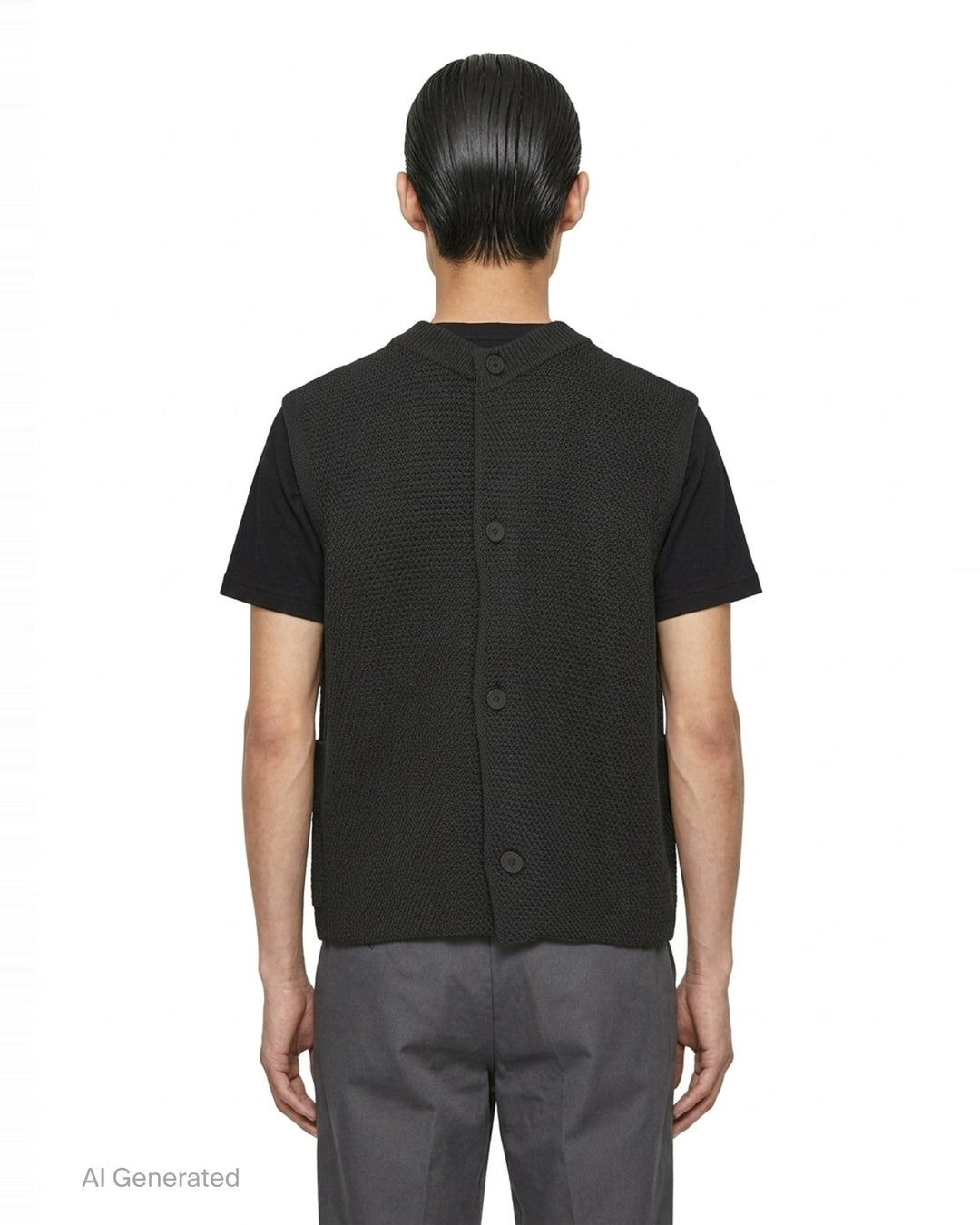 Homme Plissé Issey Miyake Rustic Knit Vest in charcoal, featuring a ribbed stand collar, four-button front closure, and patch hip pockets in a textured moss-stitch fabric - back