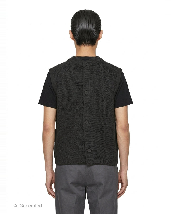 Homme Plissé Issey Miyake Rustic Knit Vest in charcoal, featuring a ribbed stand collar, four-button front closure, and patch hip pockets in a textured moss-stitch fabric - back