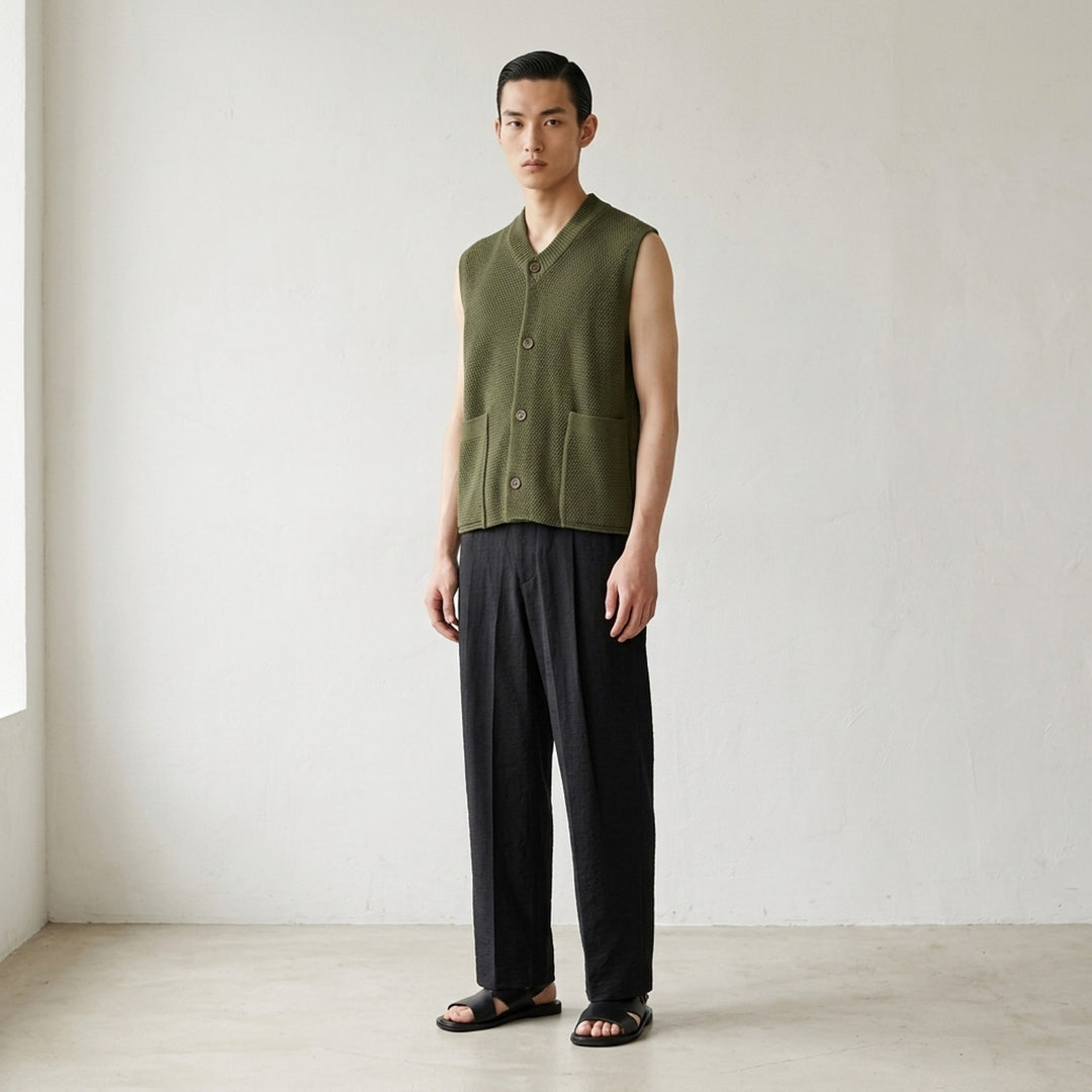 Homme Plissé Issey Miyake Rustic Knit Vest in charcoal, featuring a ribbed stand collar, four-button front closure, and patch hip pockets in a textured moss-stitch fabric - lifestyle