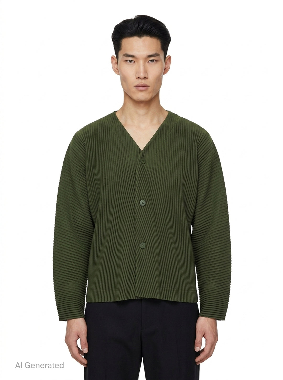 Homme Plissé Issey Miyake Slash Pleated Cardigan in olive green, featuring signature micro-pleating, V-neckline, and tonal button front closure - front