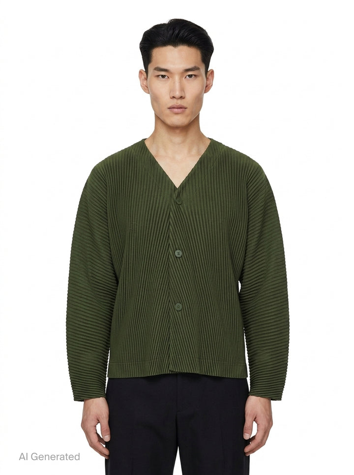 Homme Plissé Issey Miyake Slash Pleated Cardigan in olive green, featuring signature micro-pleating, V-neckline, and tonal button front closure - front